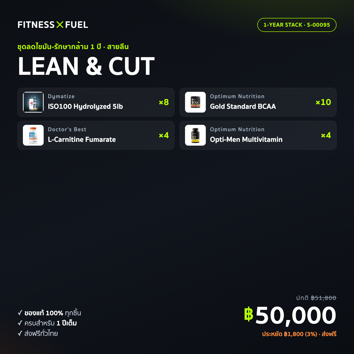 เซ็ตอาหารเสริมครบ 1 ปี LEAN & CUT — สายลีน/ลดไขมัน (เวย์ไอโซเลท+BCAA)